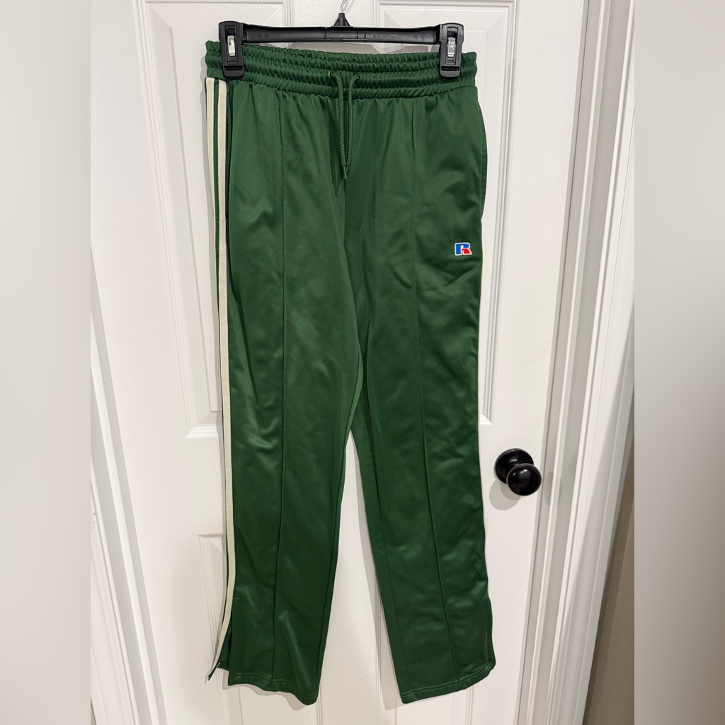 Russell Athletic Forest Green Track Pants With Ivory Side Stripes